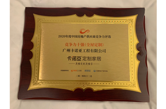 卡诺亚获2020年度中国房地产供给商合作力十强